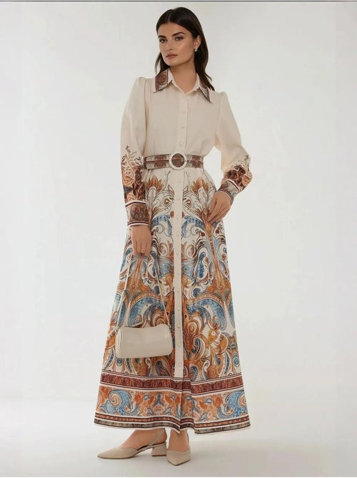 Robe longue imprimée à manches longues avec ceinture - Kiabi
