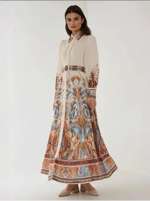 Robe longue imprimée à manches longues avec ceinture - Kiabi