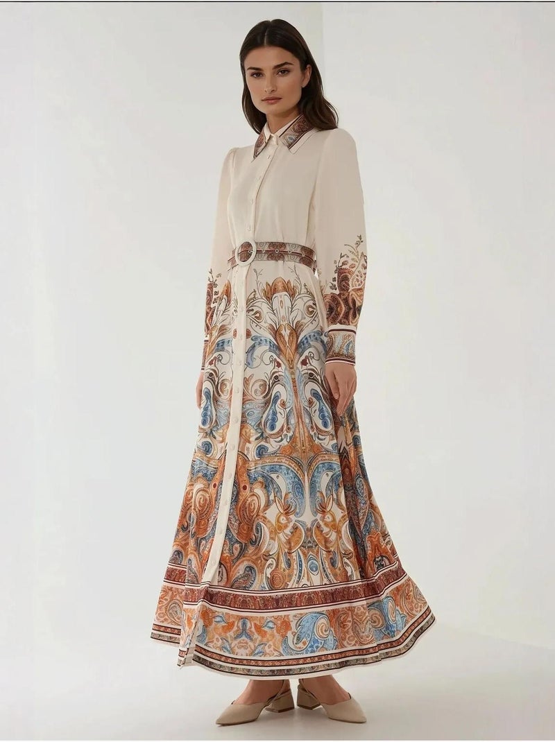 Robe longue imprimée à manches longues avec ceinture Blanc - Kiabi