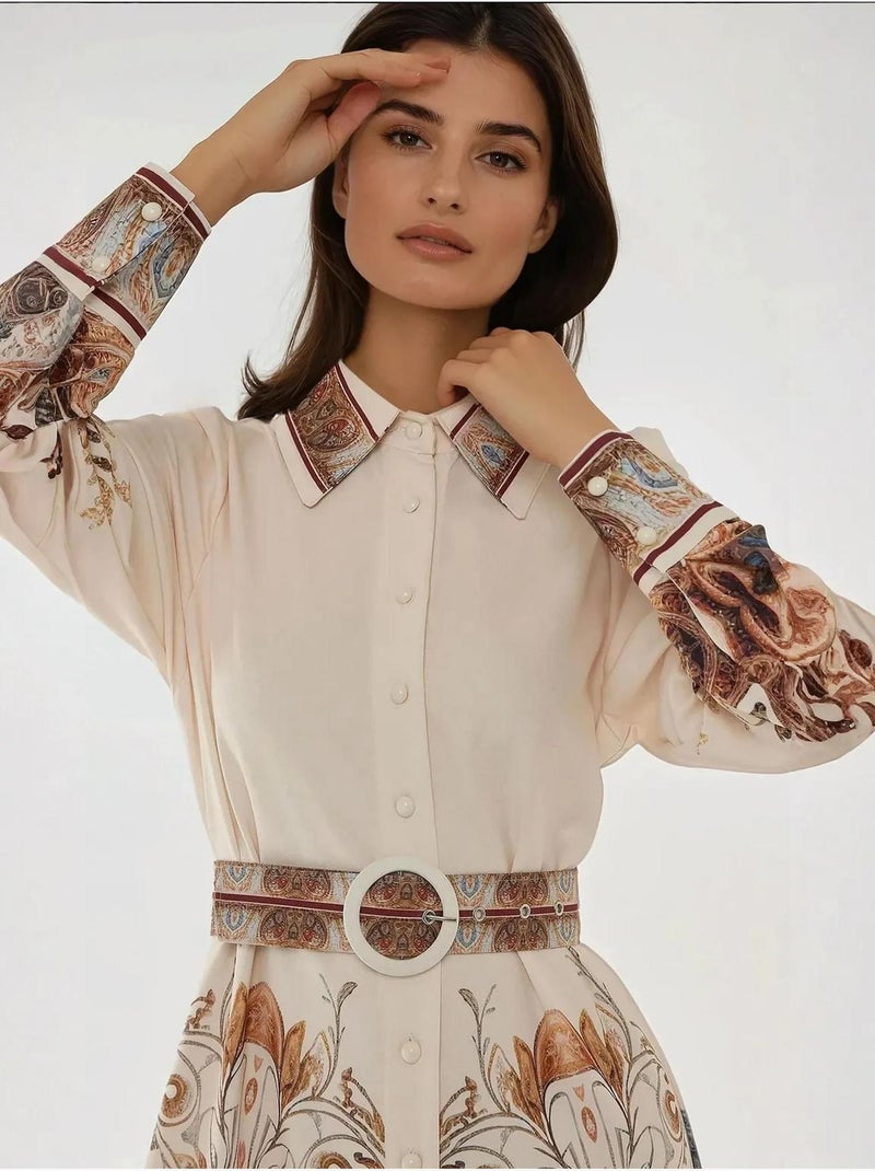 Robe longue imprimée à manches longues avec ceinture Blanc - Kiabi