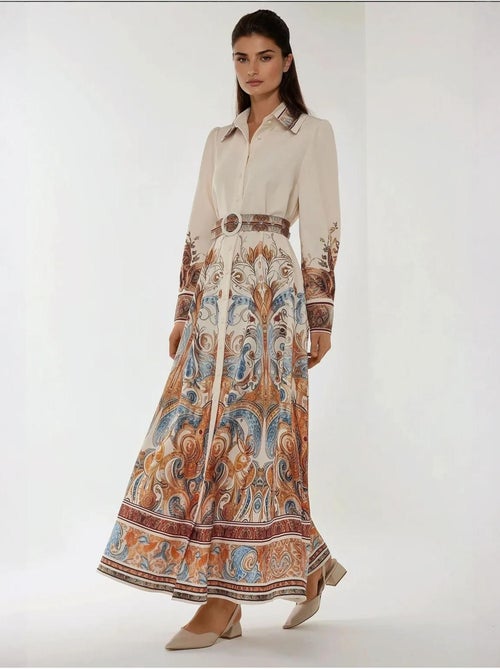 Robe longue imprimée à manches longues avec ceinture - Kiabi