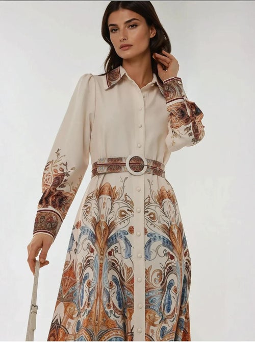 Robe longue imprimée à manches longues avec ceinture - Kiabi