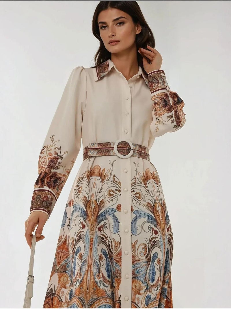 Robe longue imprimée à manches longues avec ceinture Blanc - Kiabi