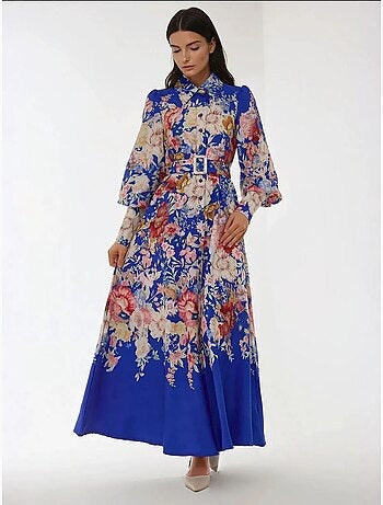 Robe longue imprimée à manches longues avec ceinture