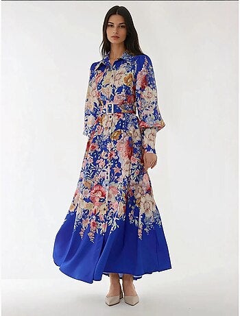 Robe longue imprimée à manches longues avec ceinture