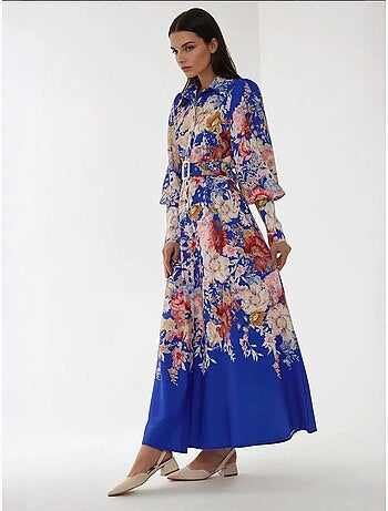 Robe longue imprimée à manches longues avec ceinture