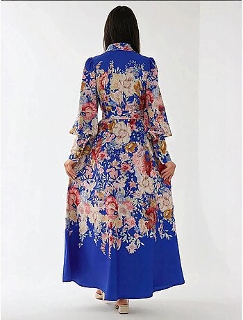 Robe longue imprimée à manches longues avec ceinture