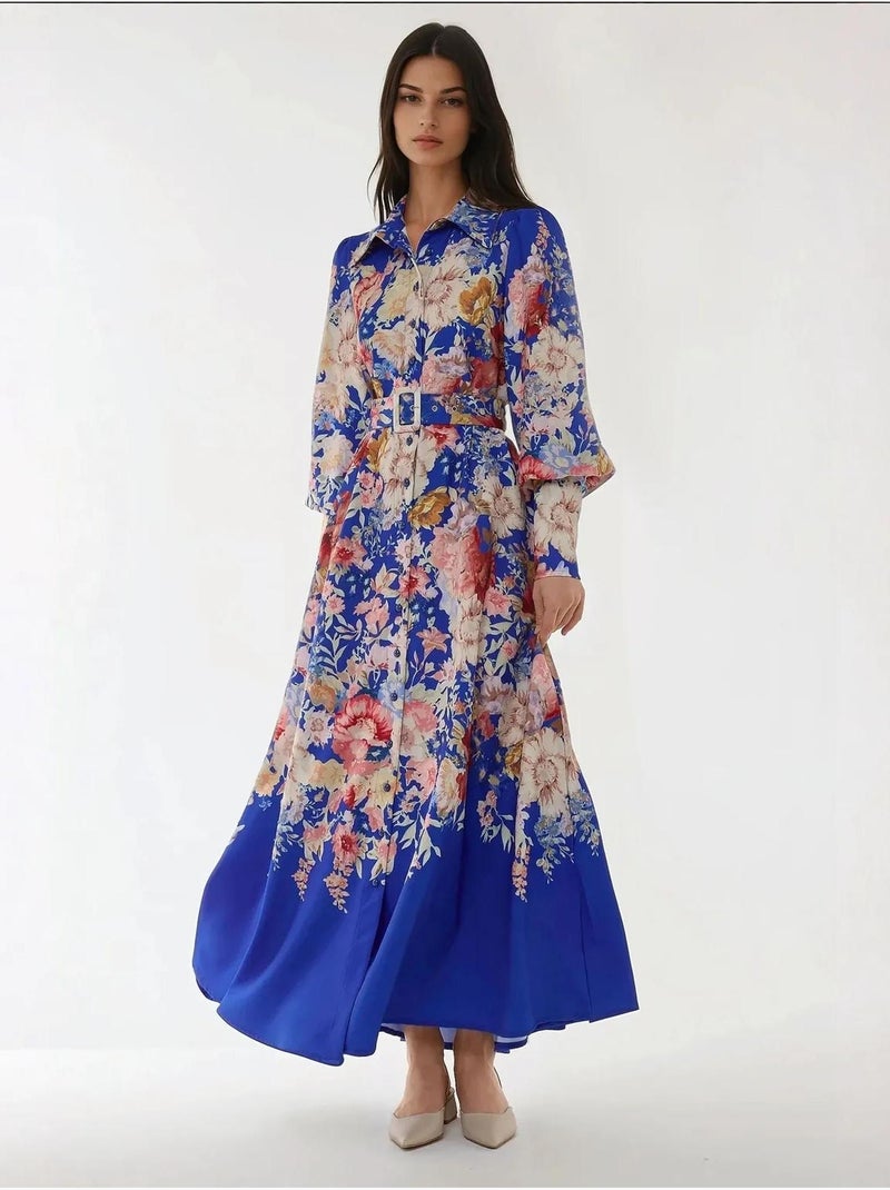 Robe longue imprimée à manches longues avec ceinture Bleu électrique - Kiabi