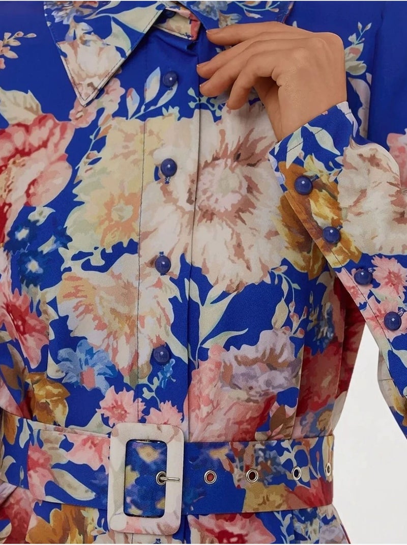 Robe longue imprimée à manches longues avec ceinture Bleu électrique - Kiabi