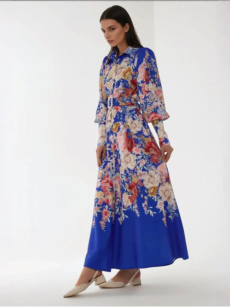 Robe longue imprimée à manches longues avec ceinture Bleu électrique - Kiabi