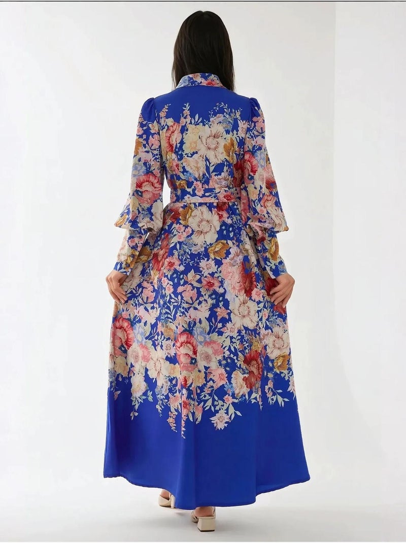 Robe longue imprimée à manches longues avec ceinture Bleu électrique - Kiabi