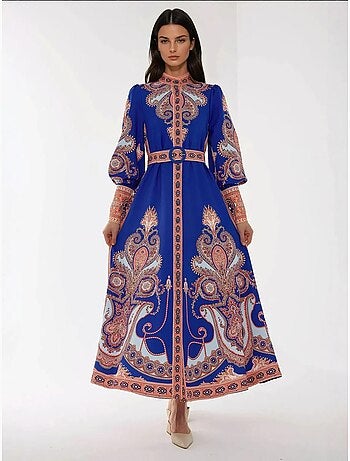 Robe longue imprimée à manches longues avec ceinture