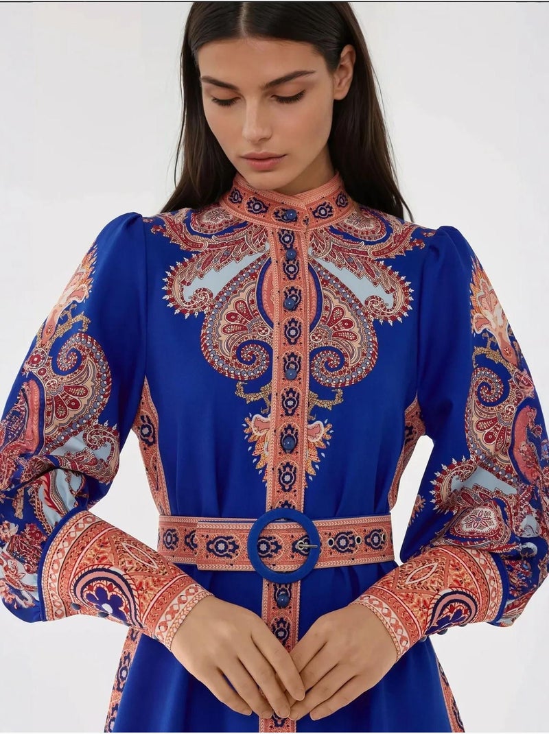 Robe longue imprimée à manches longues avec ceinture Bleu électrique - Kiabi