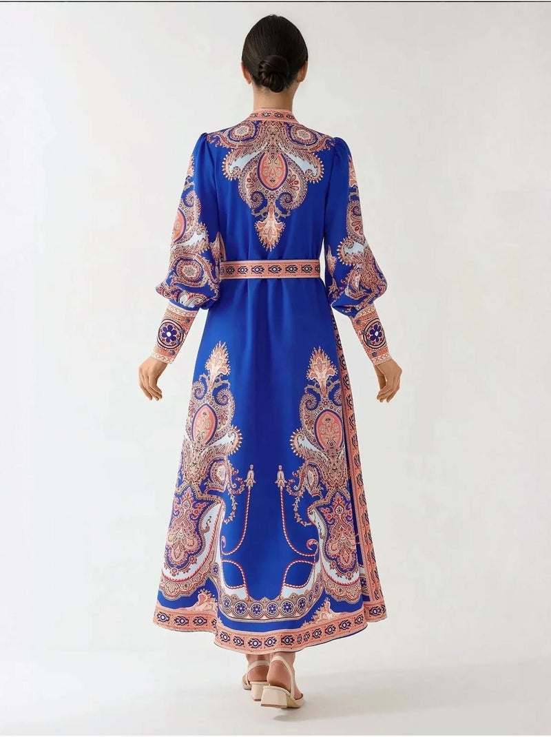 Robe longue imprimée à manches longues avec ceinture Bleu électrique - Kiabi
