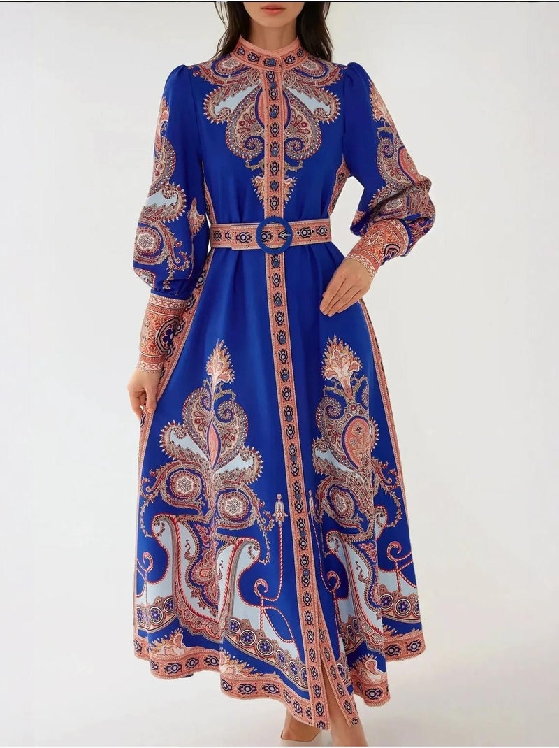 Robe longue imprimée à manches longues avec ceinture Bleu électrique - Kiabi