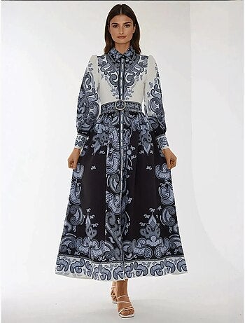 Robe longue imprimée à manches longues avec ceinture