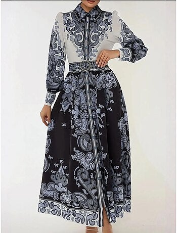 Robe longue imprimée à manches longues avec ceinture