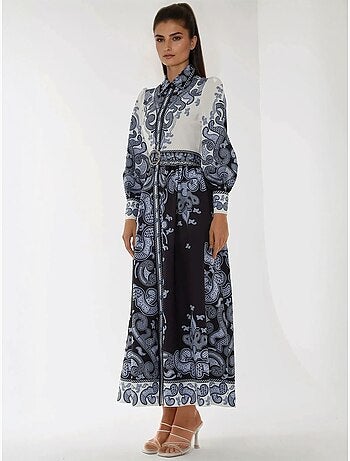 Robe longue imprimée à manches longues avec ceinture
