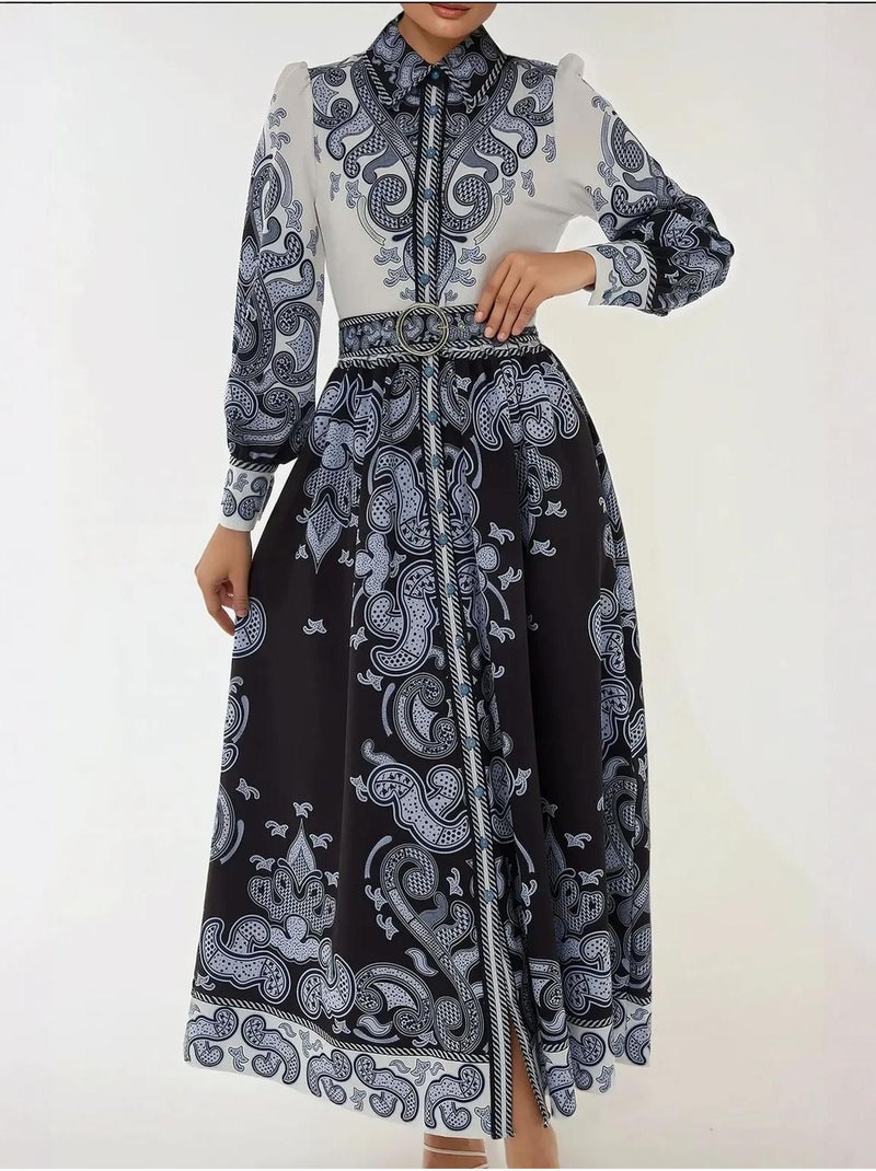Robe longue imprimée à manches longues avec ceinture Bleu marine - Kiabi