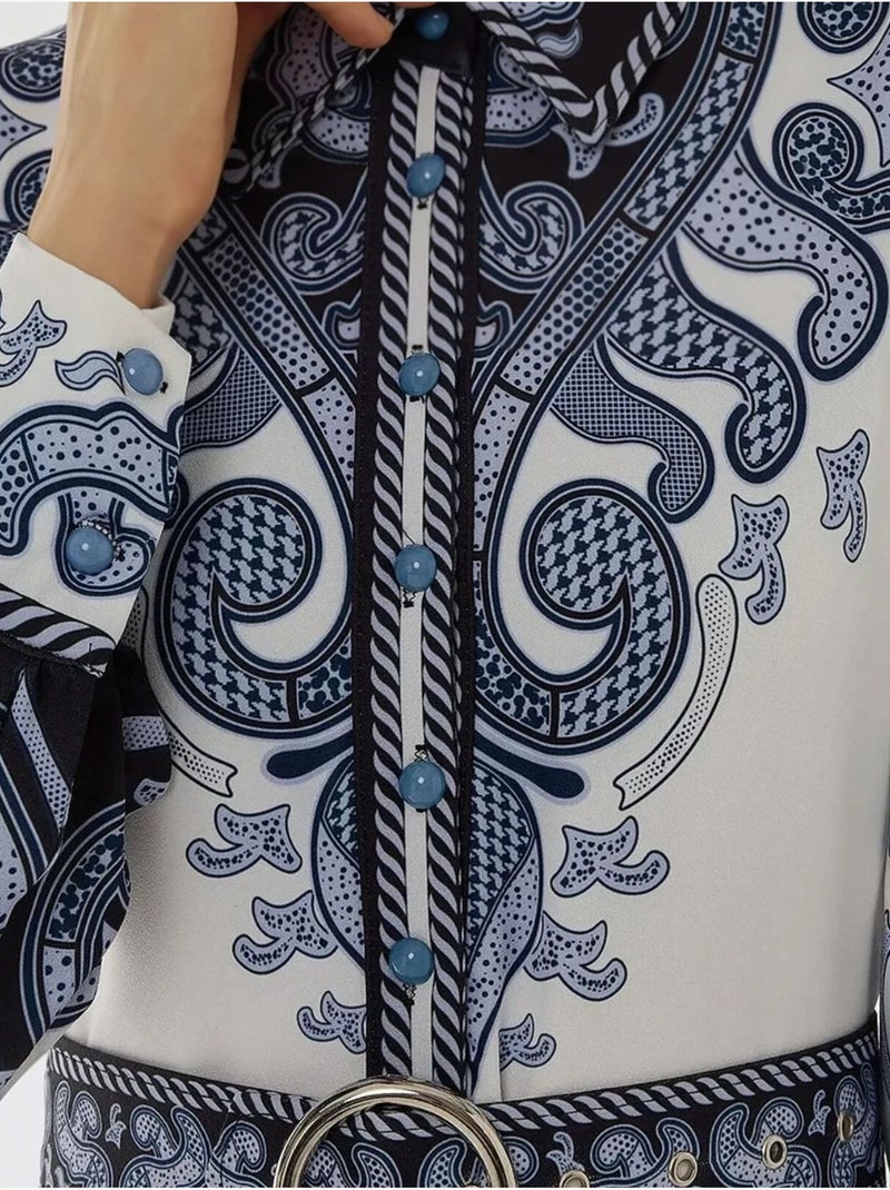 Robe longue imprimée à manches longues avec ceinture Bleu marine - Kiabi
