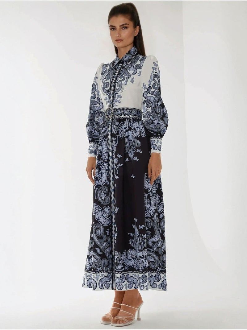 Robe longue imprimée à manches longues avec ceinture Bleu marine - Kiabi