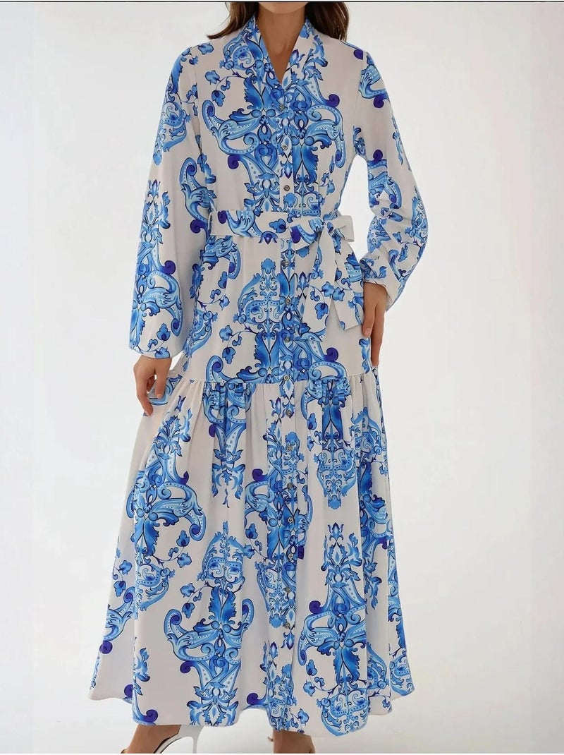 Robe longue imprimée à manches longues avec ceinture Bleu - Kiabi