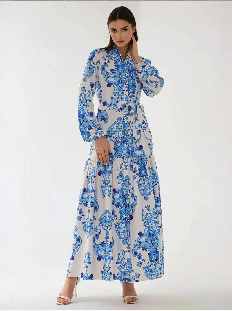 Robe longue imprimée à manches longues avec ceinture Bleu - Kiabi