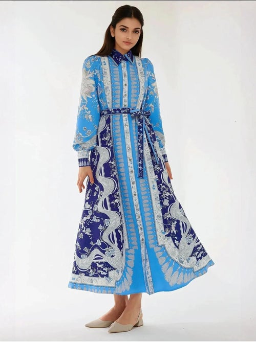 Robe longue imprimée à manches longues avec ceinture - Kiabi