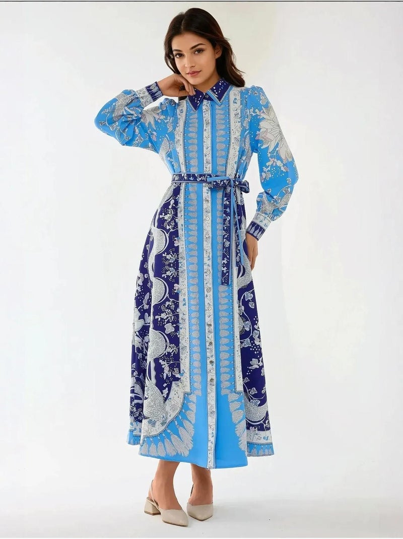 Robe longue imprimée à manches longues avec ceinture Bleu - Kiabi
