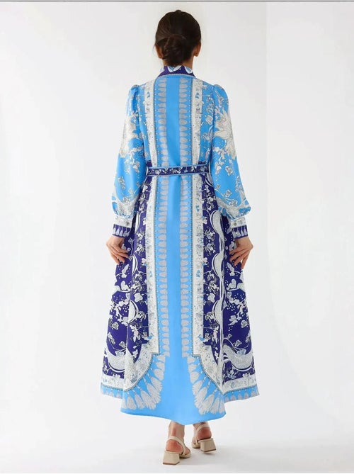 Robe longue imprimée à manches longues avec ceinture - Kiabi