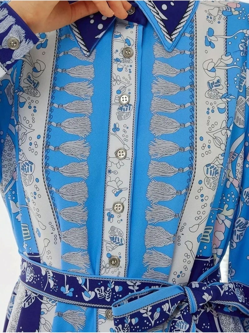 Robe longue imprimée à manches longues avec ceinture Bleu - Kiabi