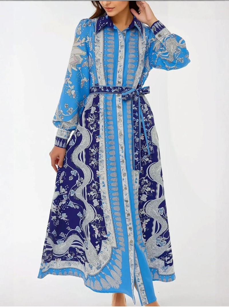 Robe longue imprimée à manches longues avec ceinture Bleu - Kiabi