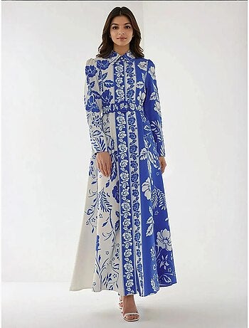 Robe longue imprimée à manches longues avec ceinture