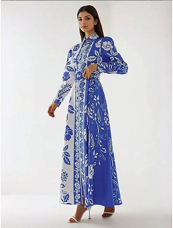 Robe longue imprimée à manches longues avec ceinture