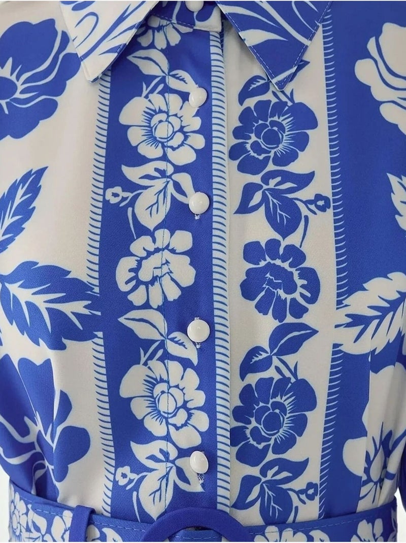 Robe longue imprimée à manches longues avec ceinture Bleu roi - Kiabi