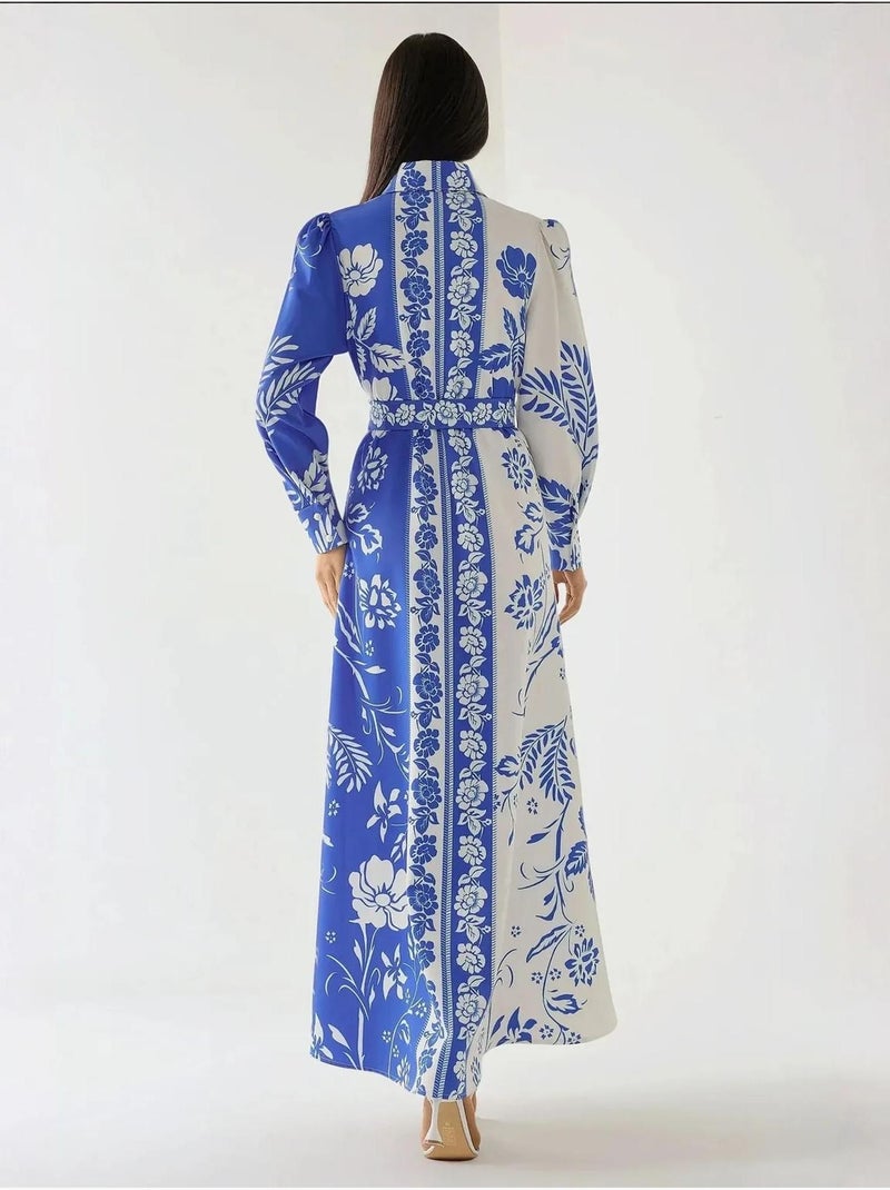 Robe longue imprimée à manches longues avec ceinture Bleu roi - Kiabi