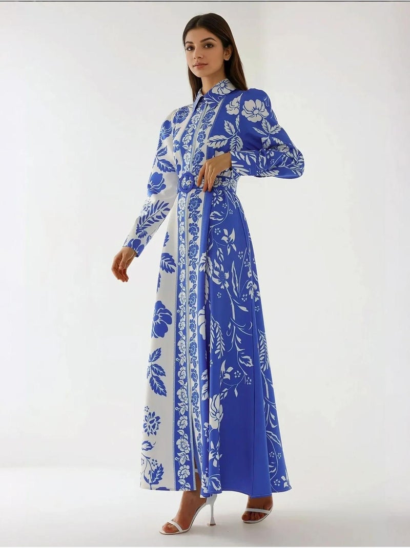 Robe longue imprimée à manches longues avec ceinture Bleu roi - Kiabi