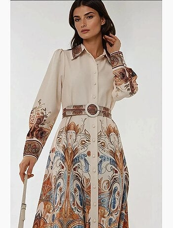 Robe longue imprimée à manches longues avec ceinture hiccup