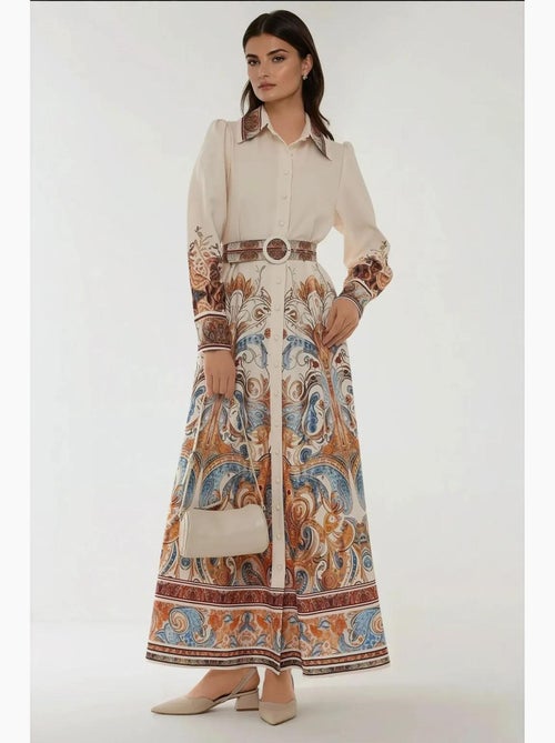 Robe longue imprimée à manches longues avec ceinture hiccup - Kiabi