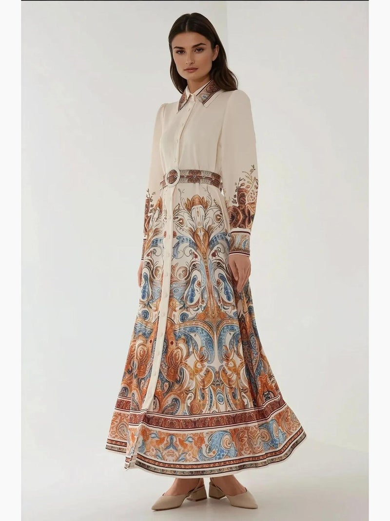 Robe longue imprimée à manches longues avec ceinture hiccup Blanc - Kiabi