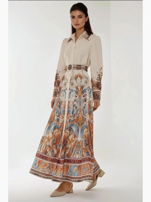 Robe longue imprimée à manches longues avec ceinture hiccup - Kiabi