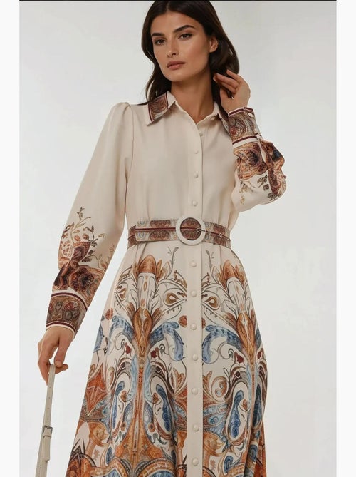 Robe longue imprimée à manches longues avec ceinture hiccup - Kiabi