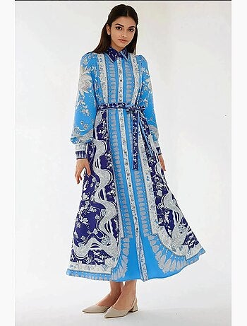 Robe longue imprimée à manches longues avec ceinture hiccup