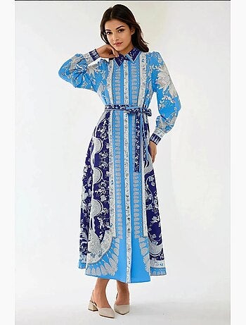 Robe longue imprimée à manches longues avec ceinture hiccup