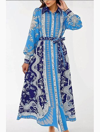 Robe longue imprimée à manches longues avec ceinture hiccup