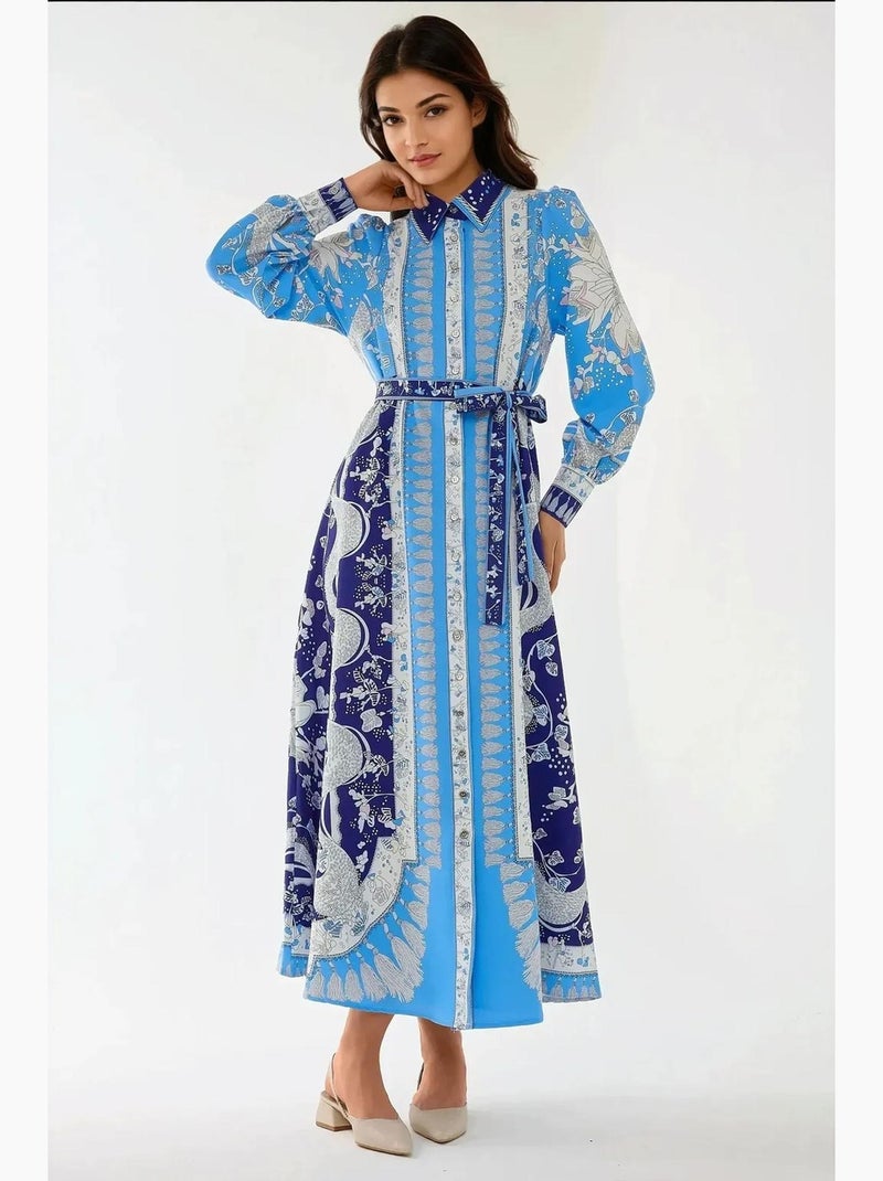 Robe longue imprimée à manches longues avec ceinture hiccup Bleu - Kiabi