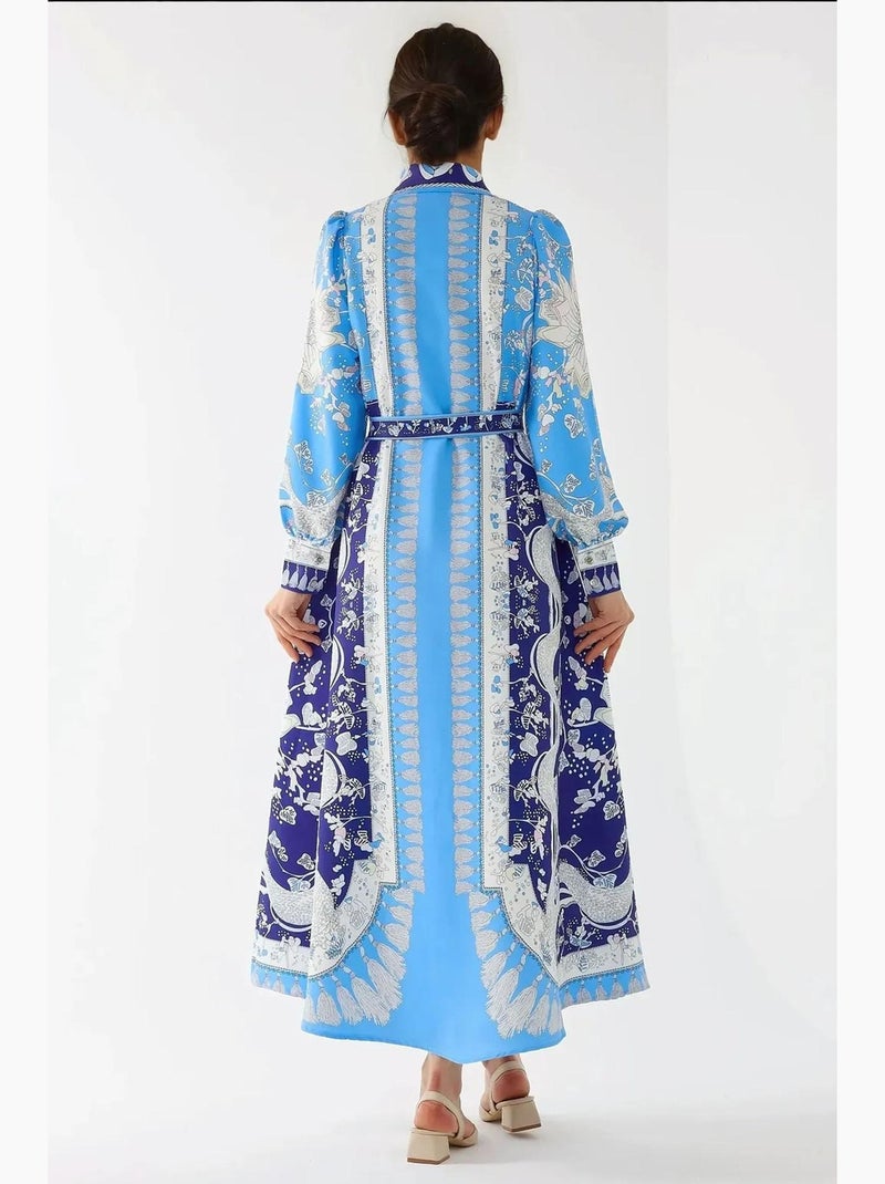 Robe longue imprimée à manches longues avec ceinture hiccup Bleu - Kiabi