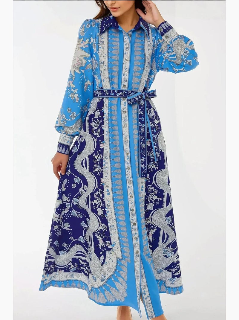 Robe longue imprimée à manches longues avec ceinture hiccup Bleu - Kiabi
