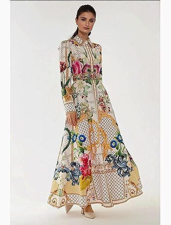 Robe longue imprimée à manches longues avec ceinture hiccup