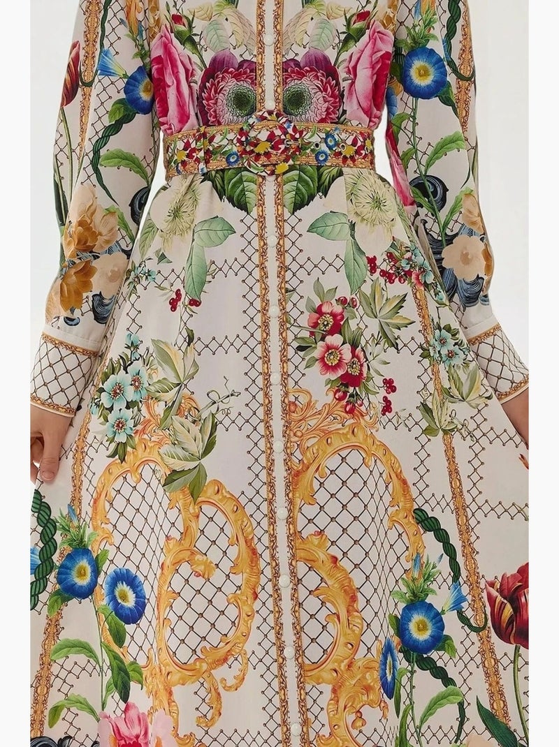 Robe longue imprimée à manches longues avec ceinture hiccup Multicolore - Kiabi